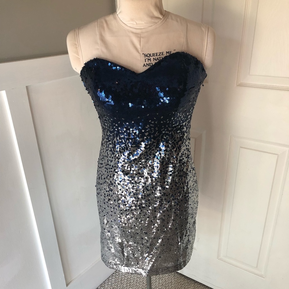 Blue and silver sequin party dress